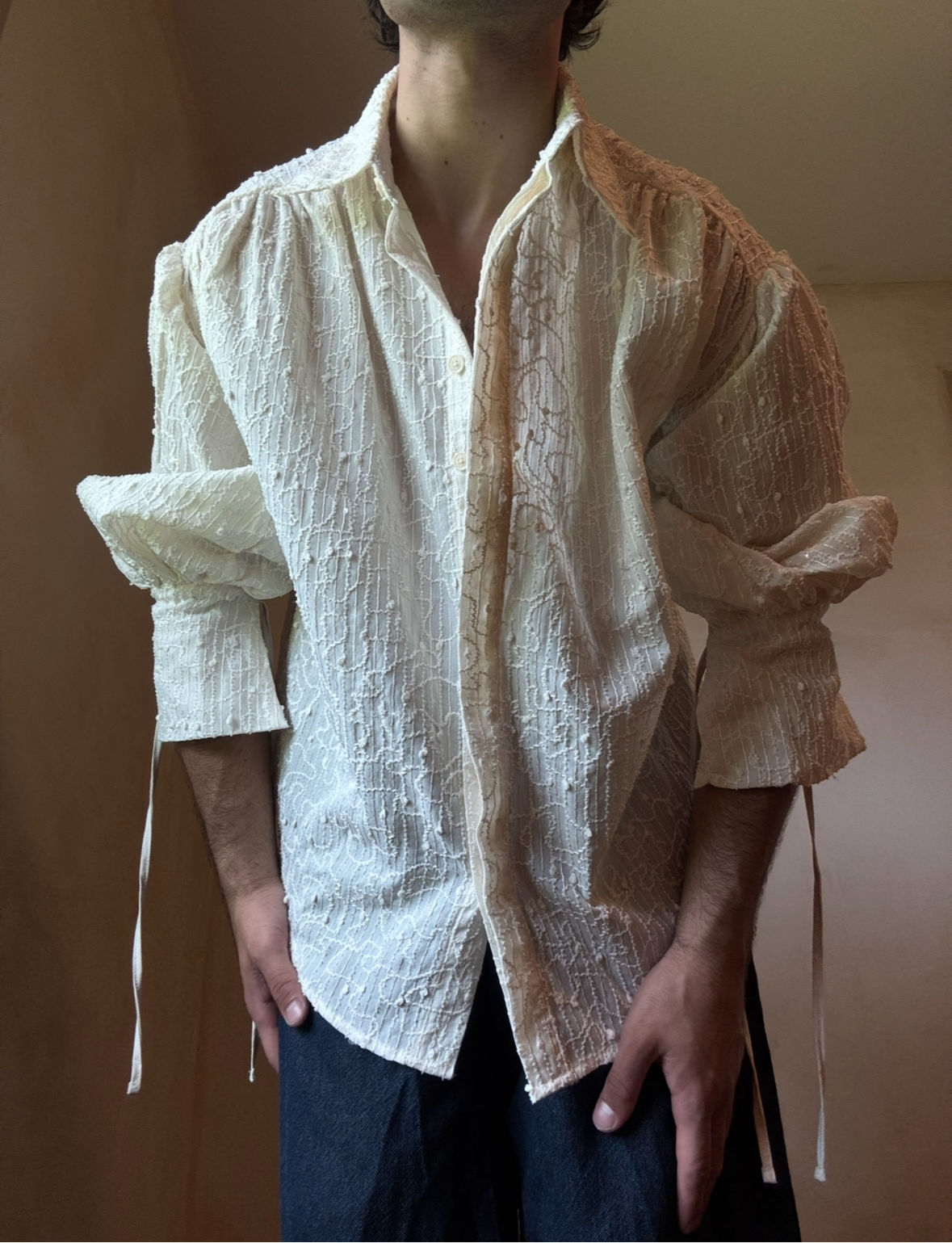 Beige Embroidered Button Down