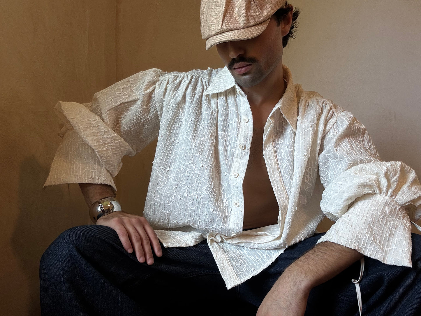 Beige Embroidered Button Down