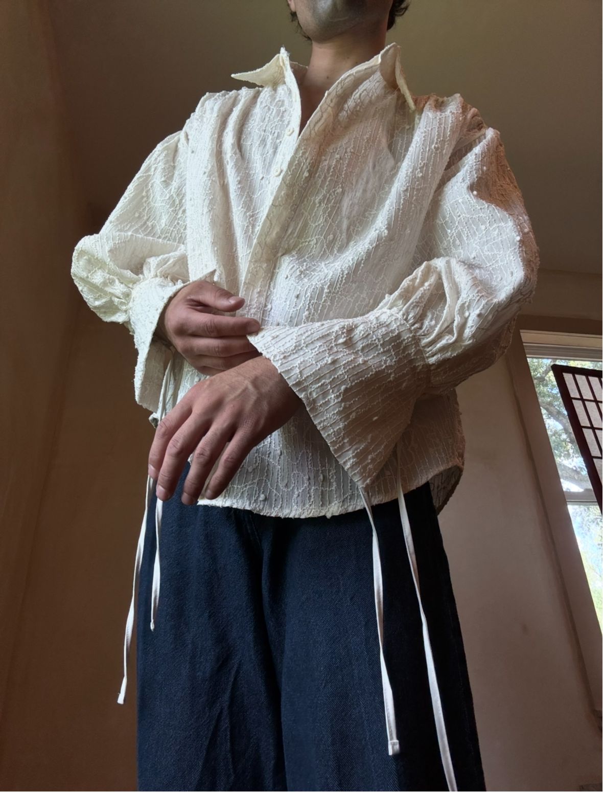 Beige Embroidered Button Down