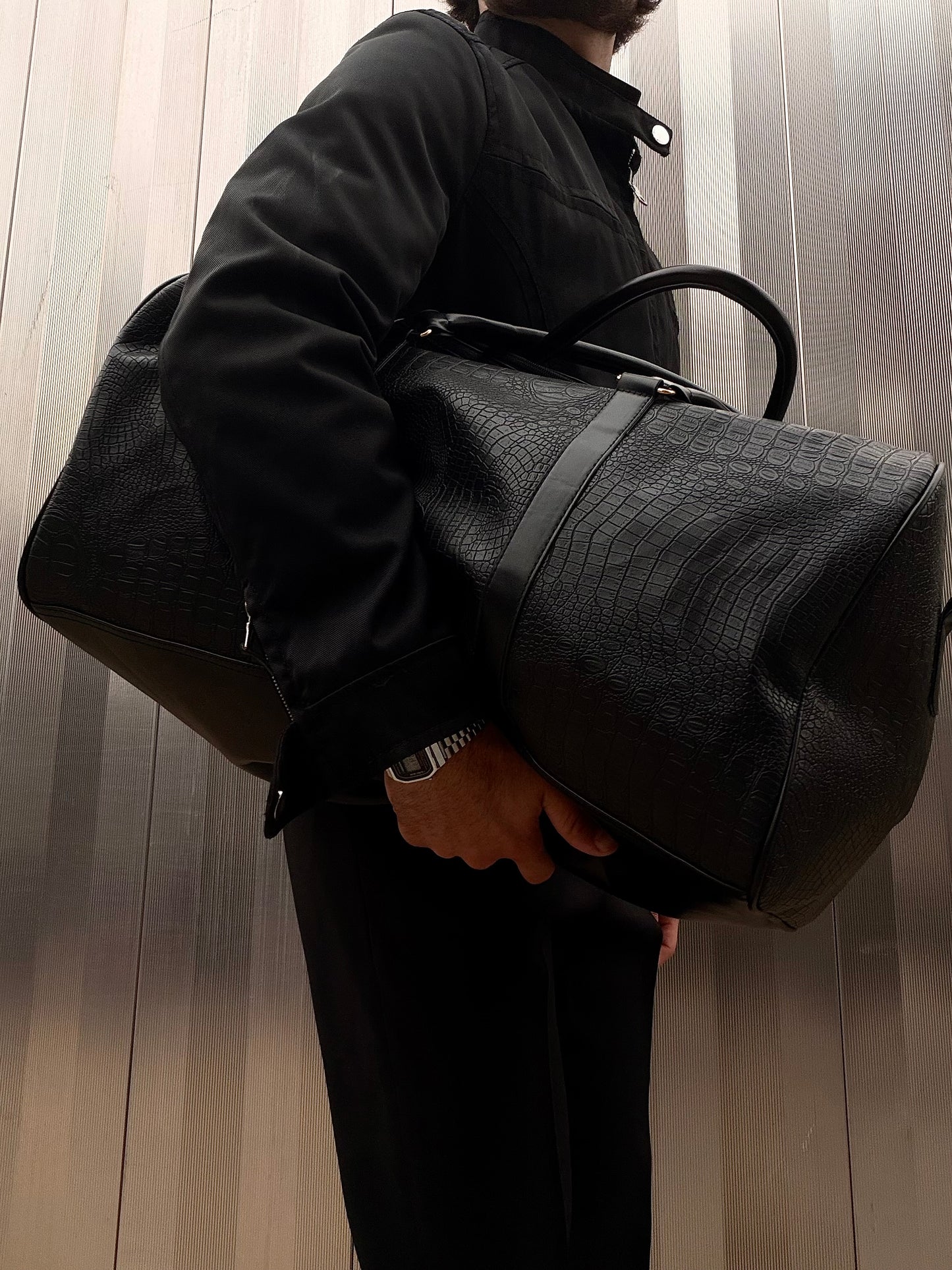 Minimal Croc-Textured Weekender Duffel